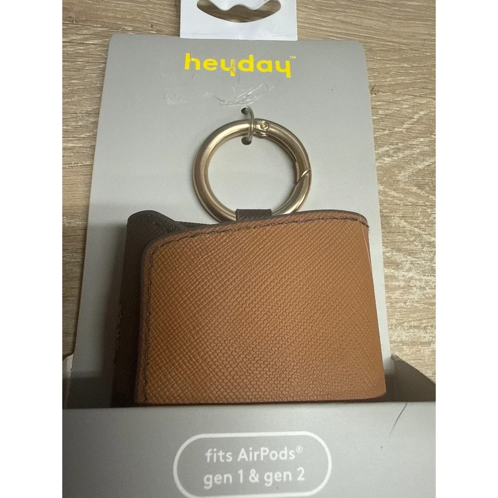 Heyday Brown Faux Leather Earbud Case Cover for AirPods Gen 1 & 2 with Carabiner